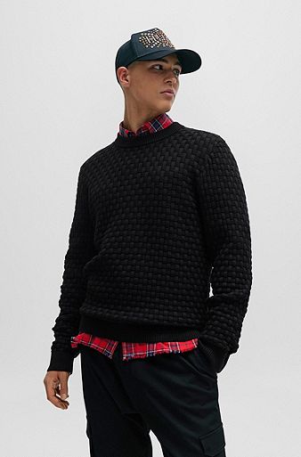 Relaxed-fit pure-cotton sweater with 3D knitted pattern, Black