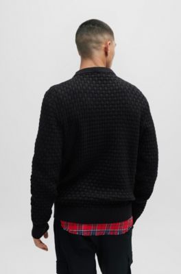 Relaxed-fit pure-cotton sweater with 3D knitted pattern, Black