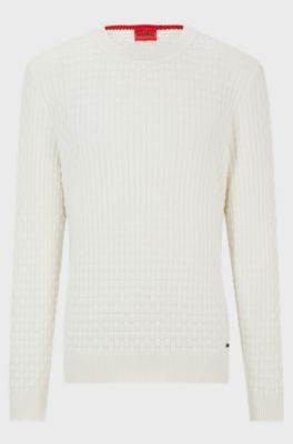 Relaxed-fit pure-cotton sweater with 3D knitted pattern, White