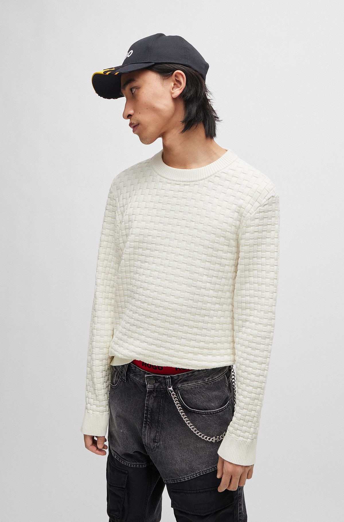 Relaxed-fit pure-cotton sweater with 3D knitted pattern, White