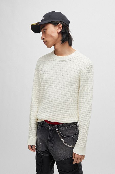 Relaxed-fit trui van zuivere katoen met gebreid 3D-patroon, Wit