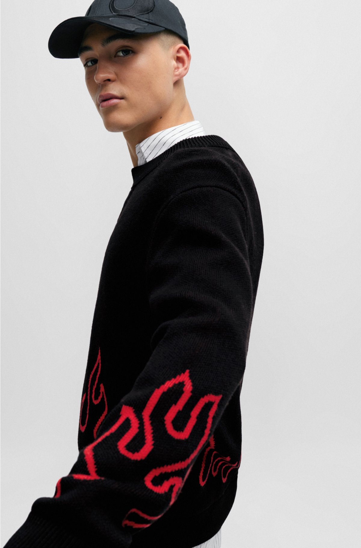 Relaxed-fit sweater with flame jacquard in wool blend, Black