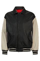 Leather varsity jacket with oversized embossed logo, Black