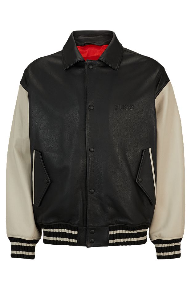 Leather varsity jacket with oversized embossed logo, Black