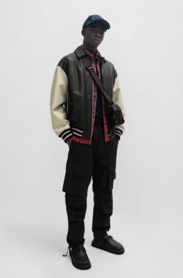 HUGO - Leather varsity jacket with oversized embossed logo