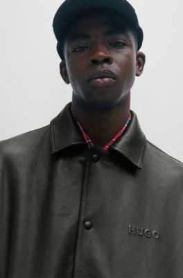 HUGO - Leather varsity jacket with oversized embossed logo