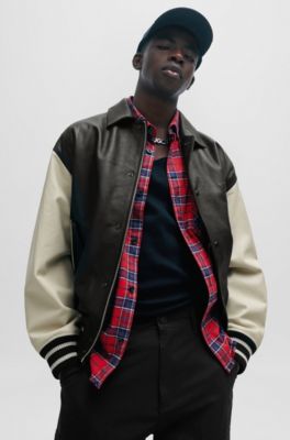 HUGO - Leather varsity jacket with oversized embossed logo