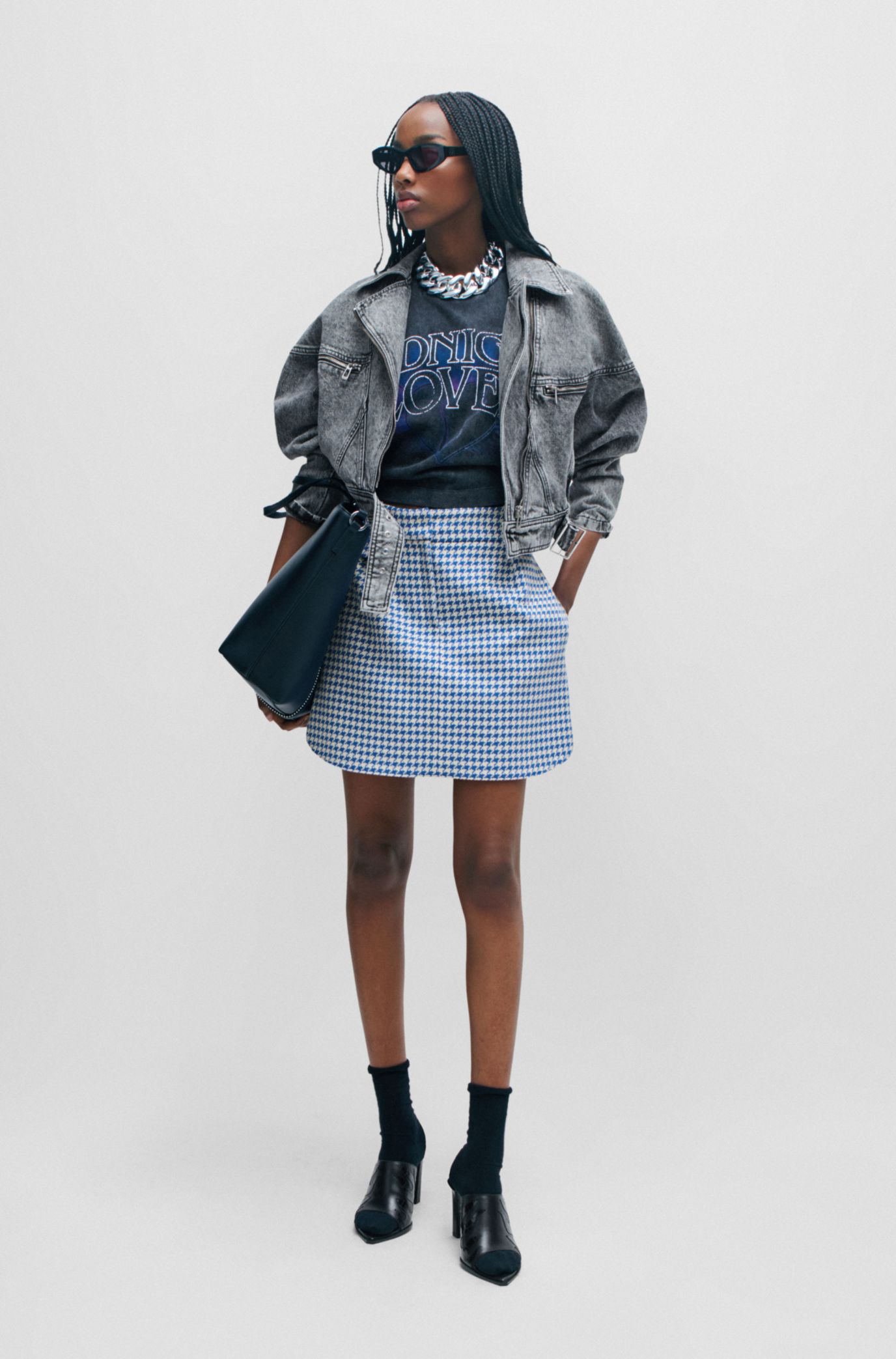 Plaid skirt denim outlet jacket