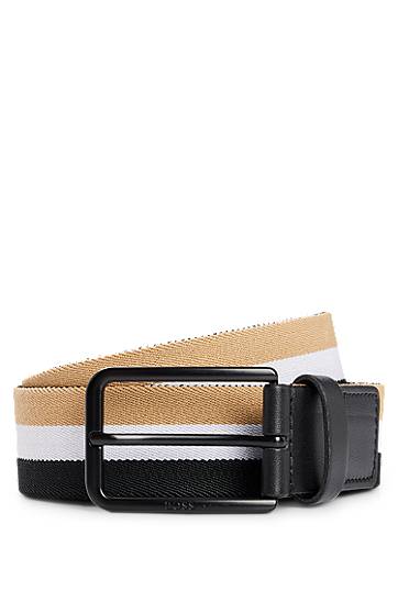 Signature-stripe fabric belt with leather trims, Hugo boss