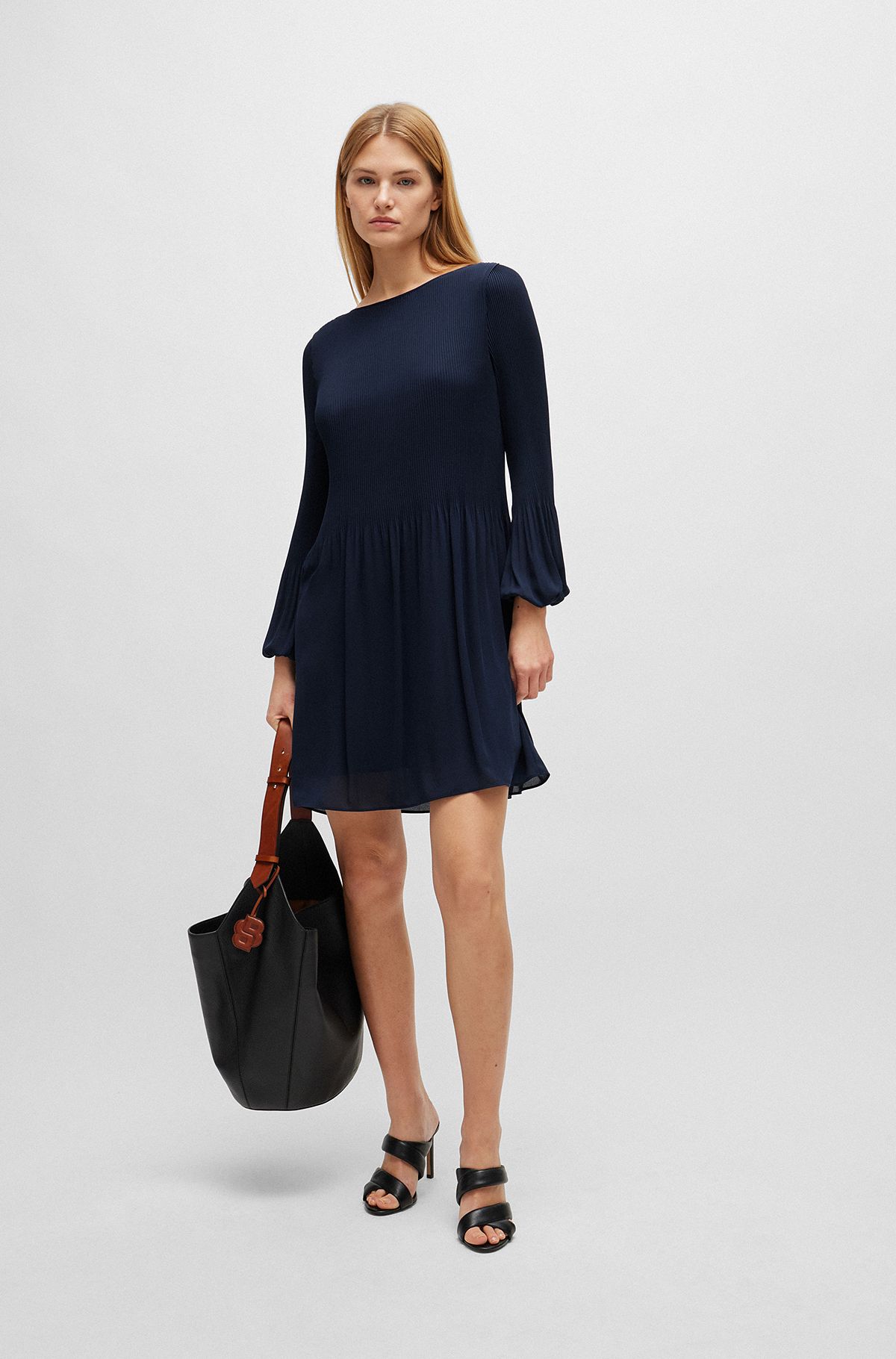 Regular-fit dress with long sleeves and pleated skirt, Dark Blue