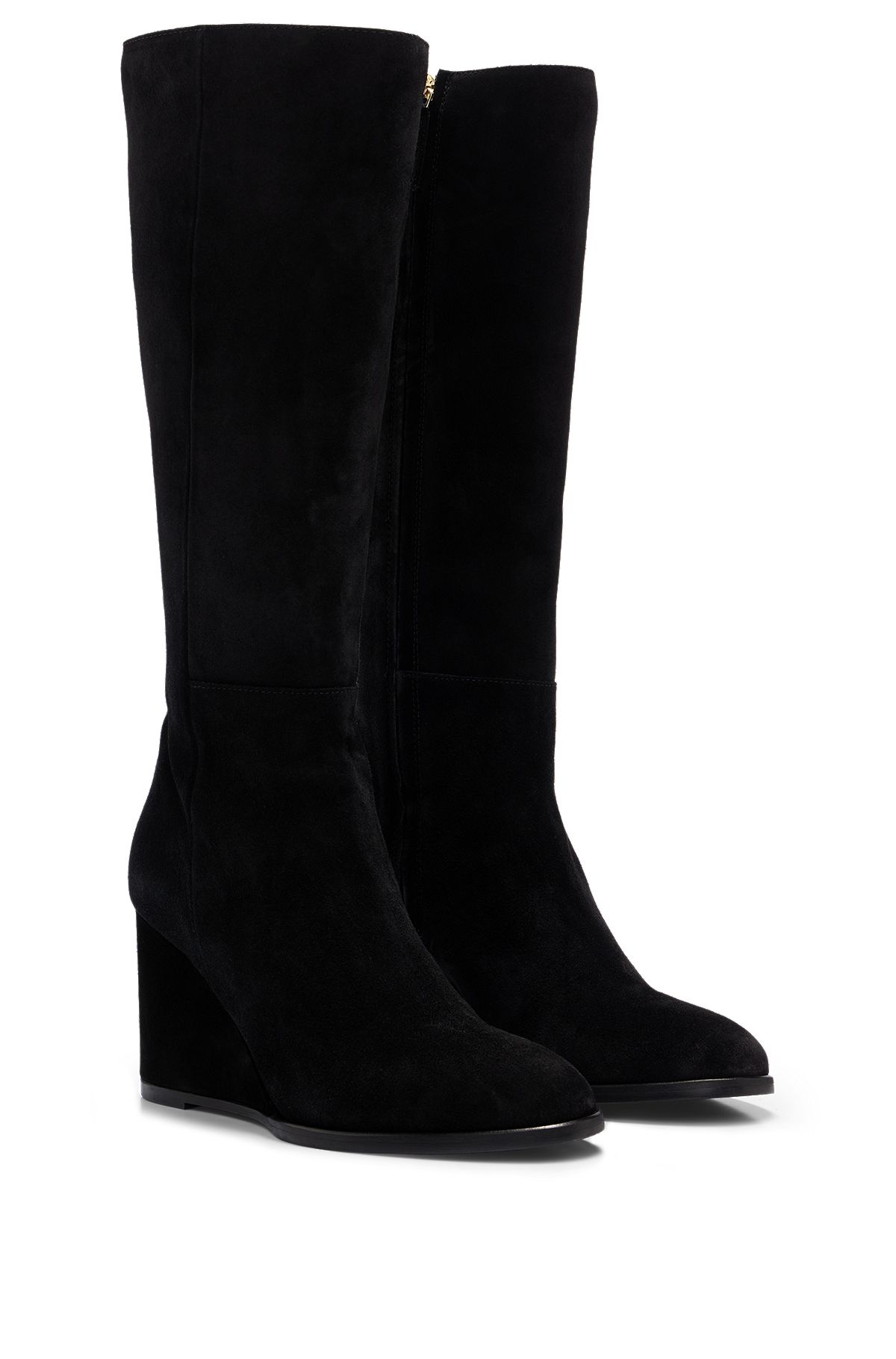 Knee-high boots in suede with wedge heel, Black