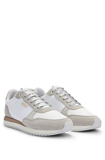 Sneakers in materiali misti con pelle scamosciata e mesh, Bianco