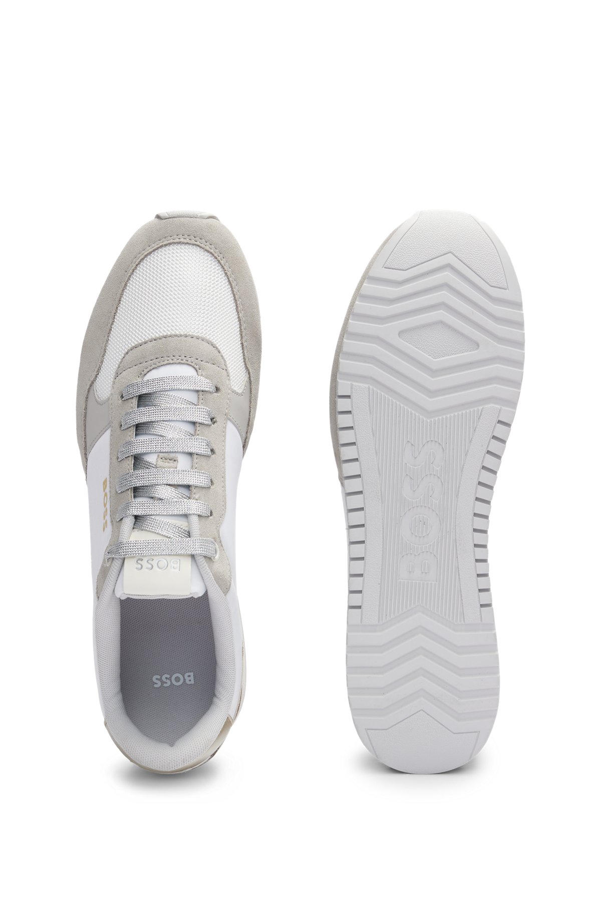 Sneakers i blandet materiale med ruskind og mesh, Hvid