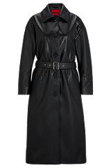Длинное пальто свободного кроя из комбинированной искусственной кожи, Черный