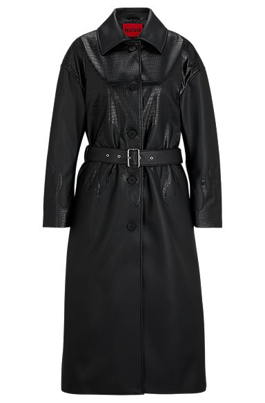 Long-length relaxed-fit coat in mixed faux leathers, Black