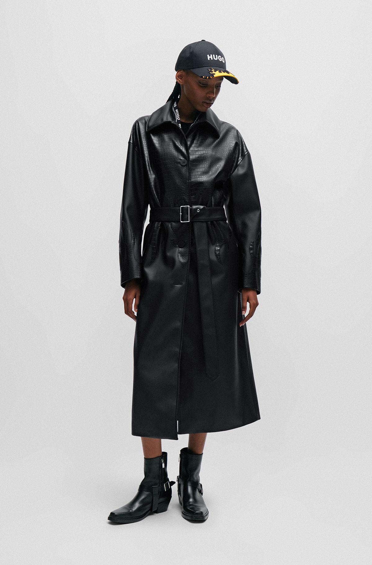 Long-length relaxed-fit coat in mixed faux leathers, Black