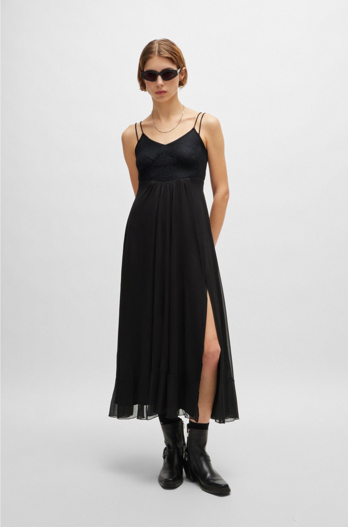 Lace-detail dress with spaghetti straps, Black