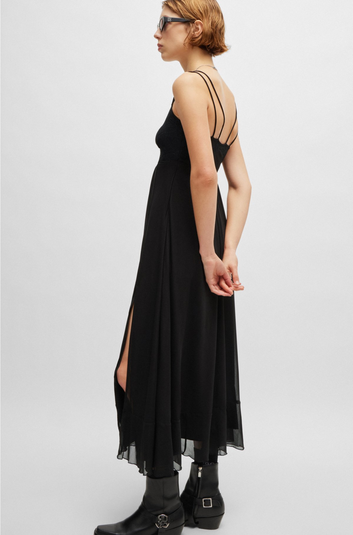 Lace-detail dress with spaghetti straps, Black