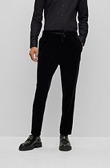 Slim-fit trousers in jersey velvet with drawstring waistband, Black
