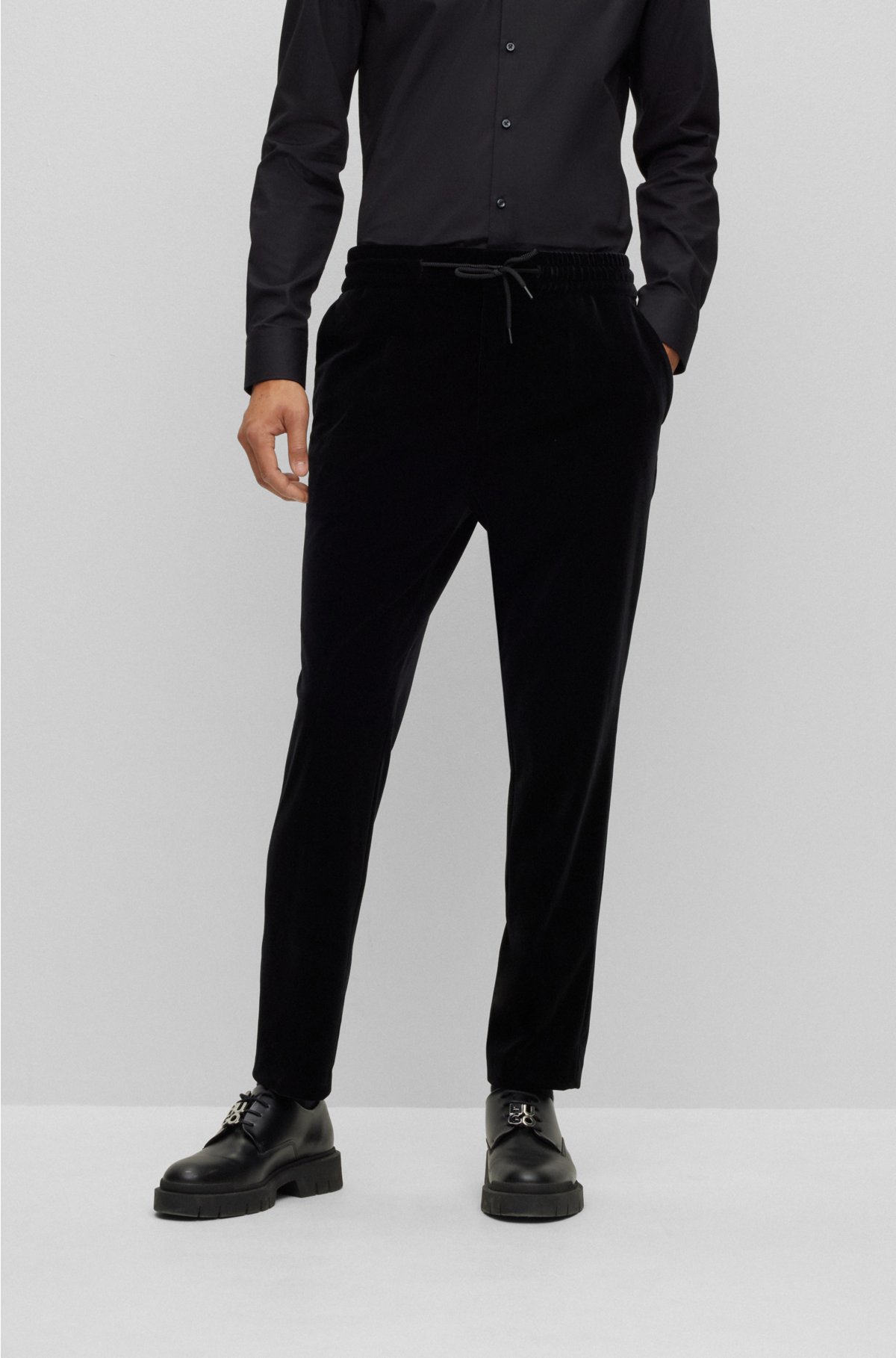 HUGO - Slim-fit trousers in jersey velvet with drawstring waistband