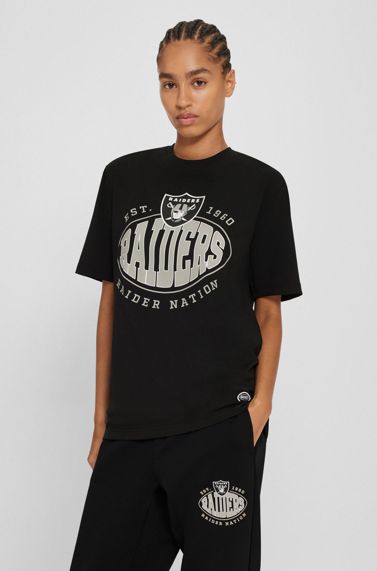  BOSS x NFL T-shirt i bomuld med stræk og fælles branding, Raiders