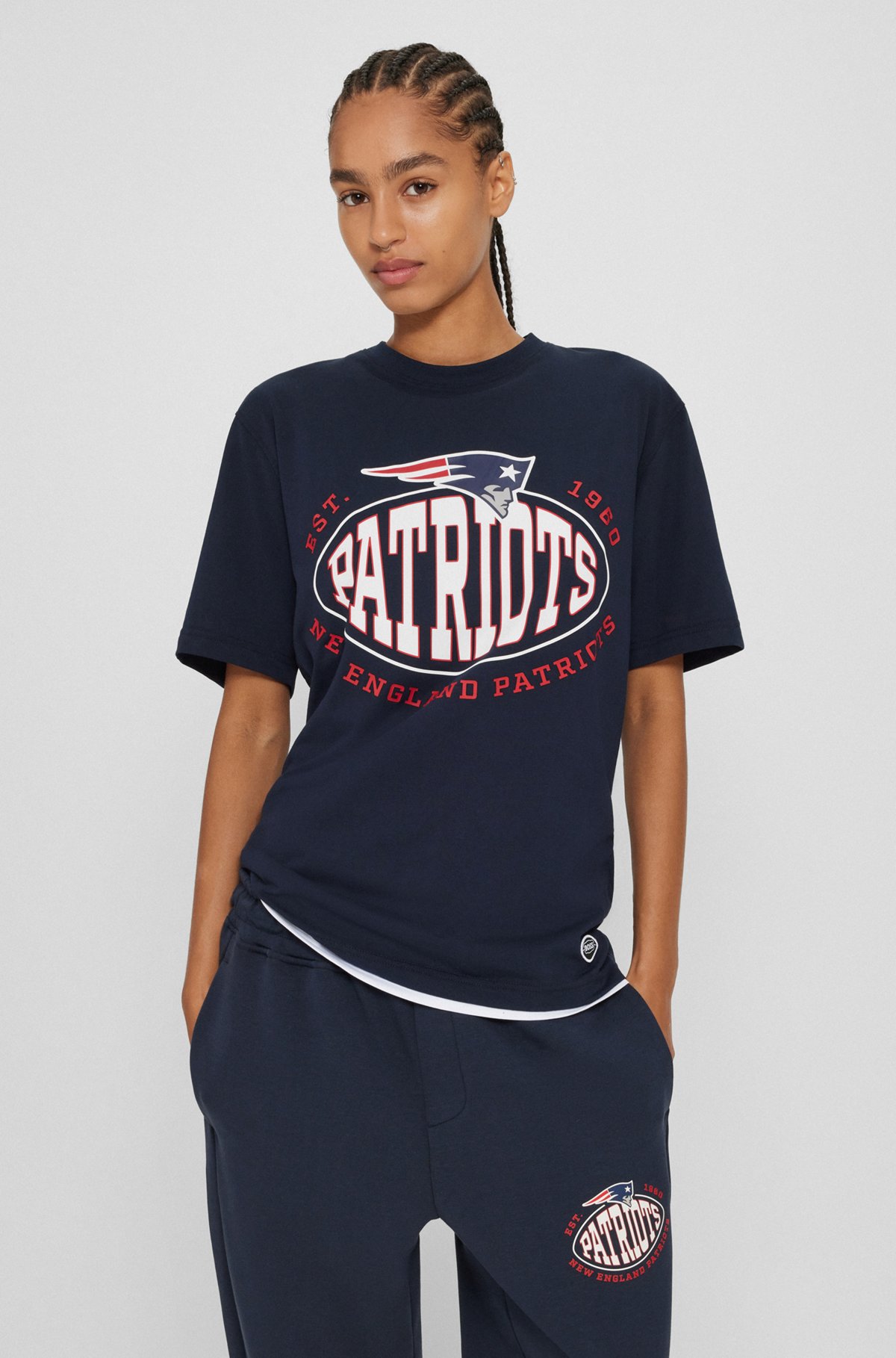  BOSS x NFL T-shirt i bomuld med stræk og fælles branding, Patriots