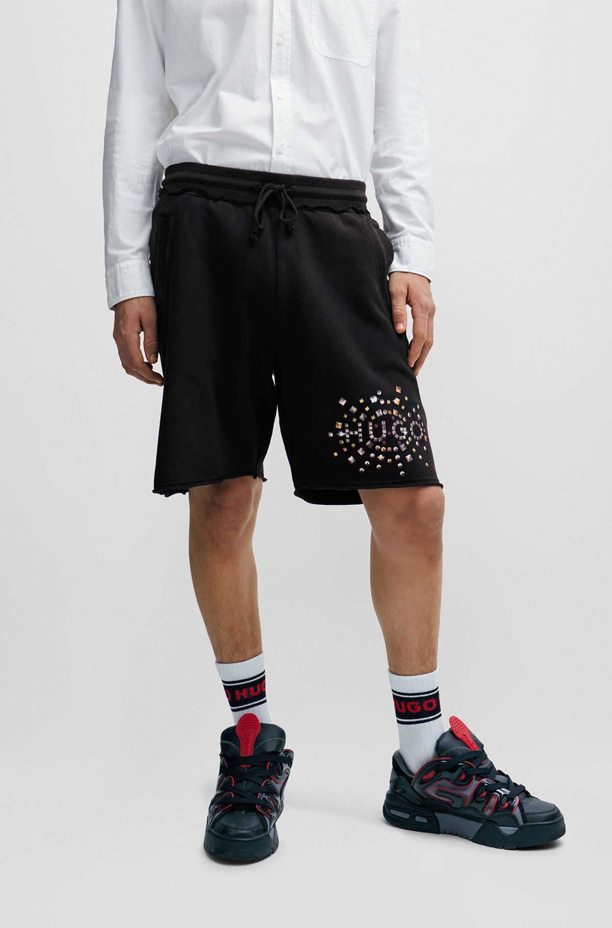 Cotton-terry shorts with stud-effect artwork, Black