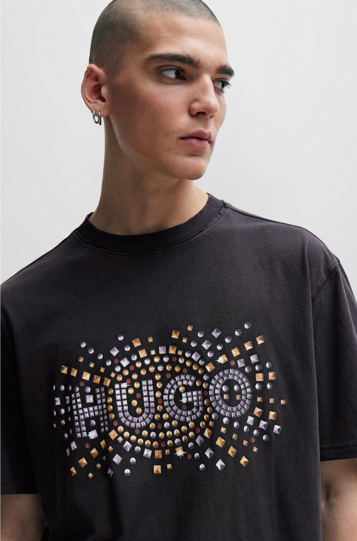 Cotton-jersey T-shirt with stud-effect artwork, Black