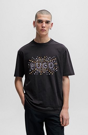 T-shirt van katoenen jersey met artwork van opgedrukte studs, Zwart
