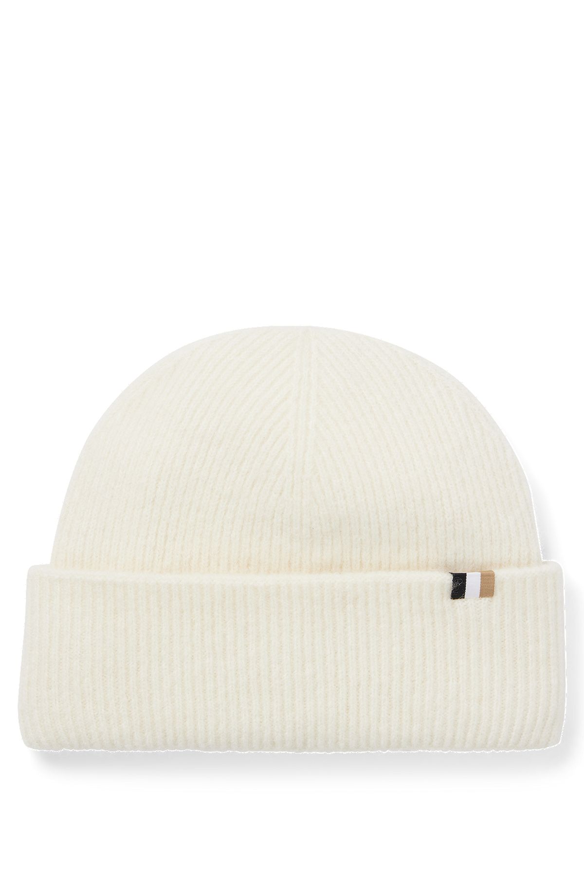 Ribbed beanie in wool blend with signature-stripe flag, White