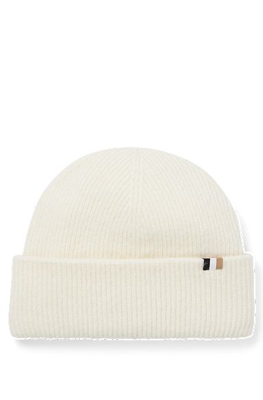 Ribbed beanie in wool blend with signature-stripe flag, White