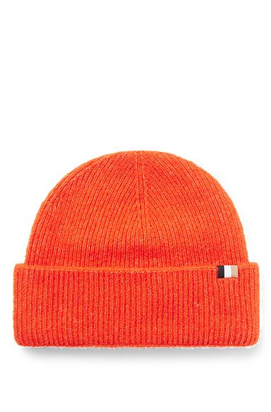 Ribbed beanie in wool blend with signature-stripe flag, Orange