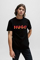 T-Shirt aus Baumwoll-Jersey mit gepufftem Flammen-Logo, Schwarz