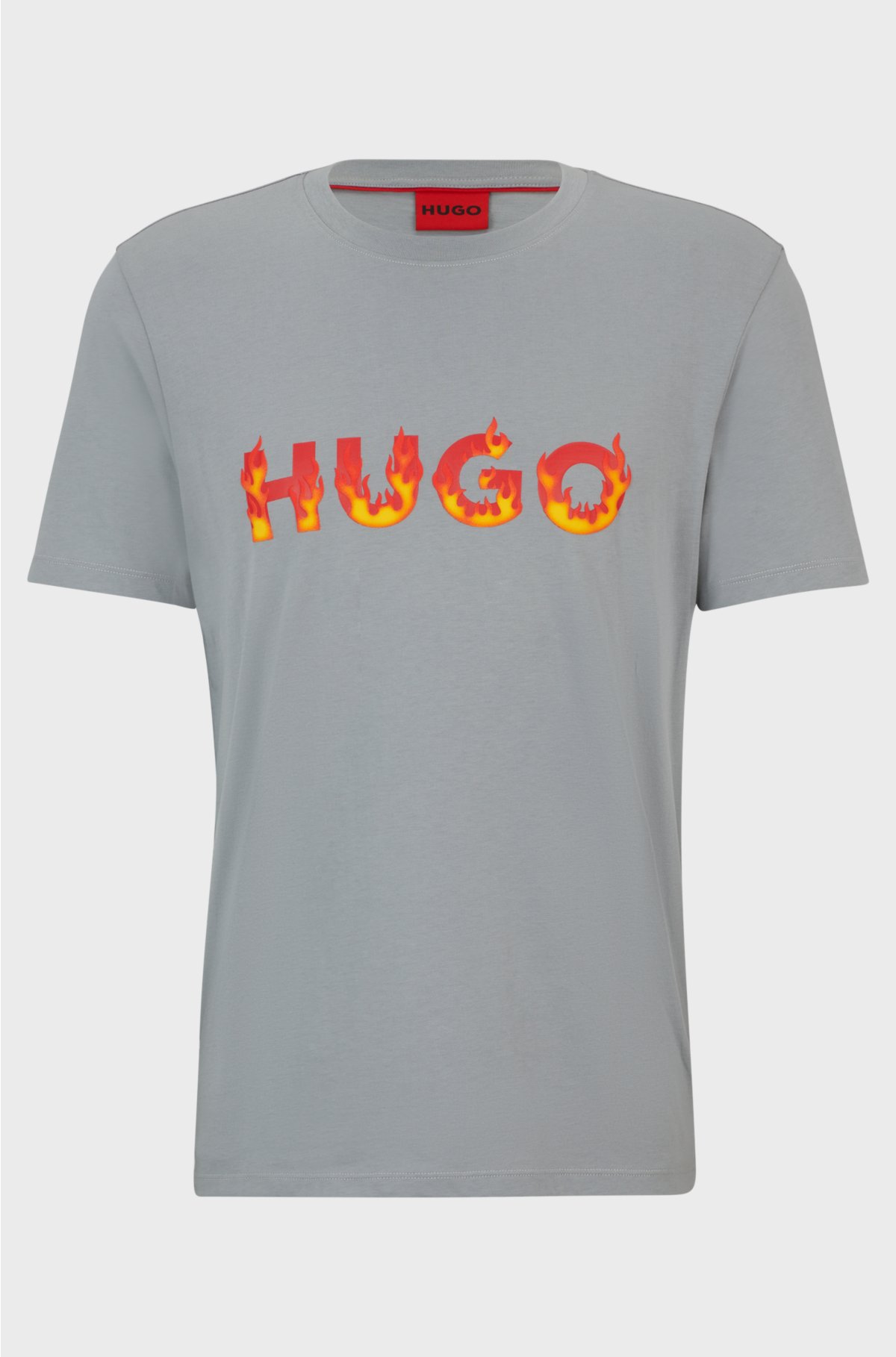 Cotton-jersey T-shirt with puffed flame logo, Grey