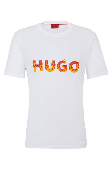 Cotton-jersey T-shirt with puffed flame logo, White