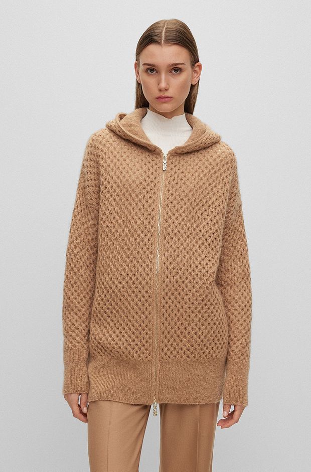 Knitted hooded jacket with zip closure, Beige