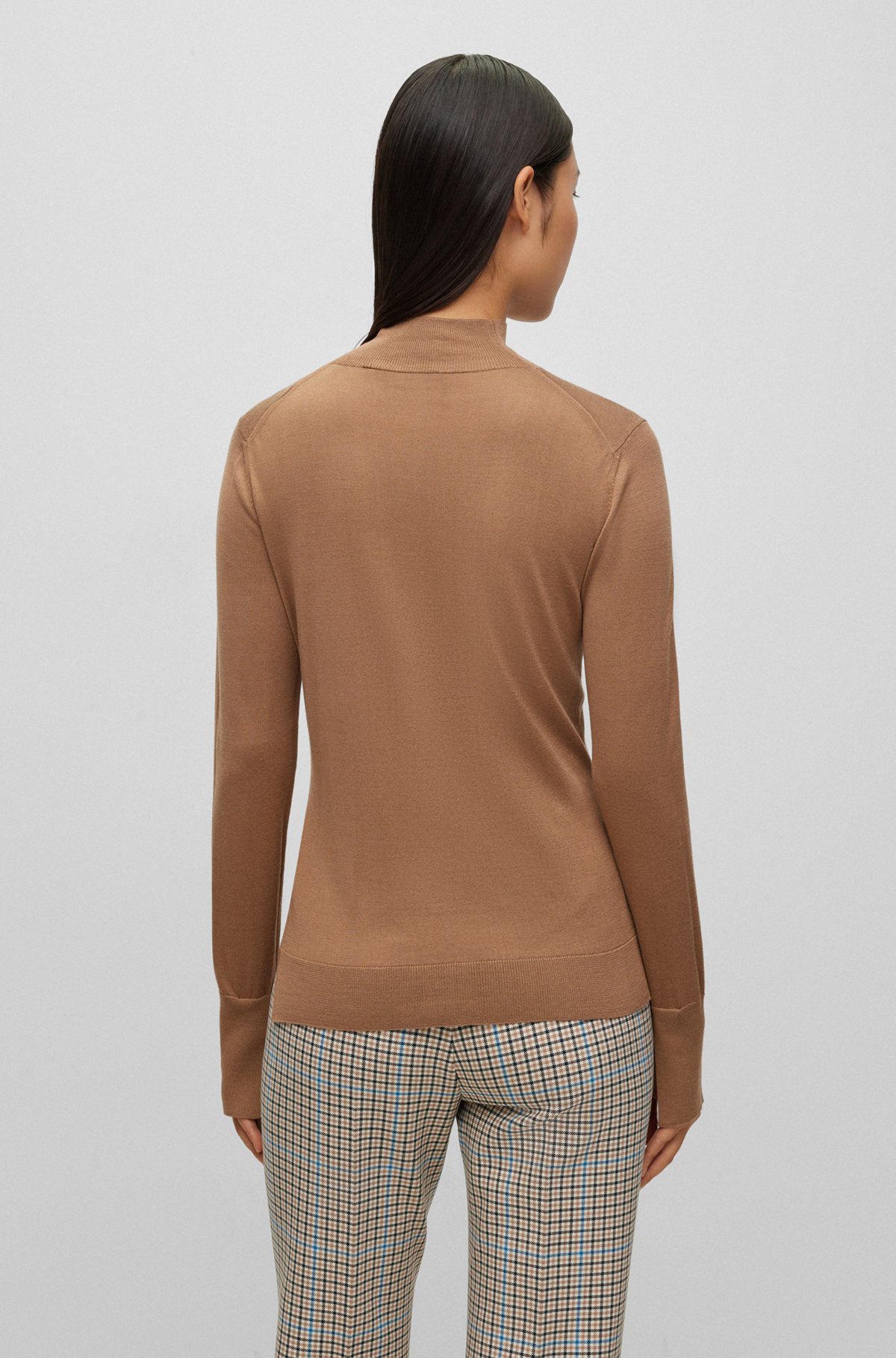 High-neck sweater in mixed-knit silk, Beige