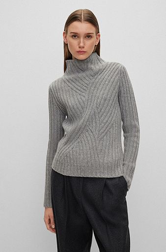 Funnel-neck sweater in virgin wool and cashmere, Grey