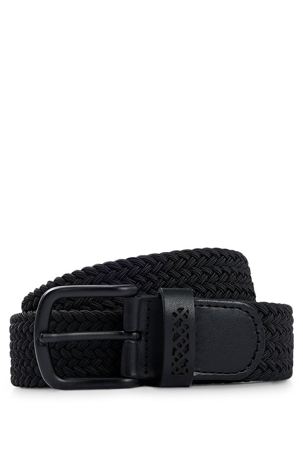 Woven belt with leather trims, Black
