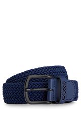Woven belt with leather trims, Dark Blue