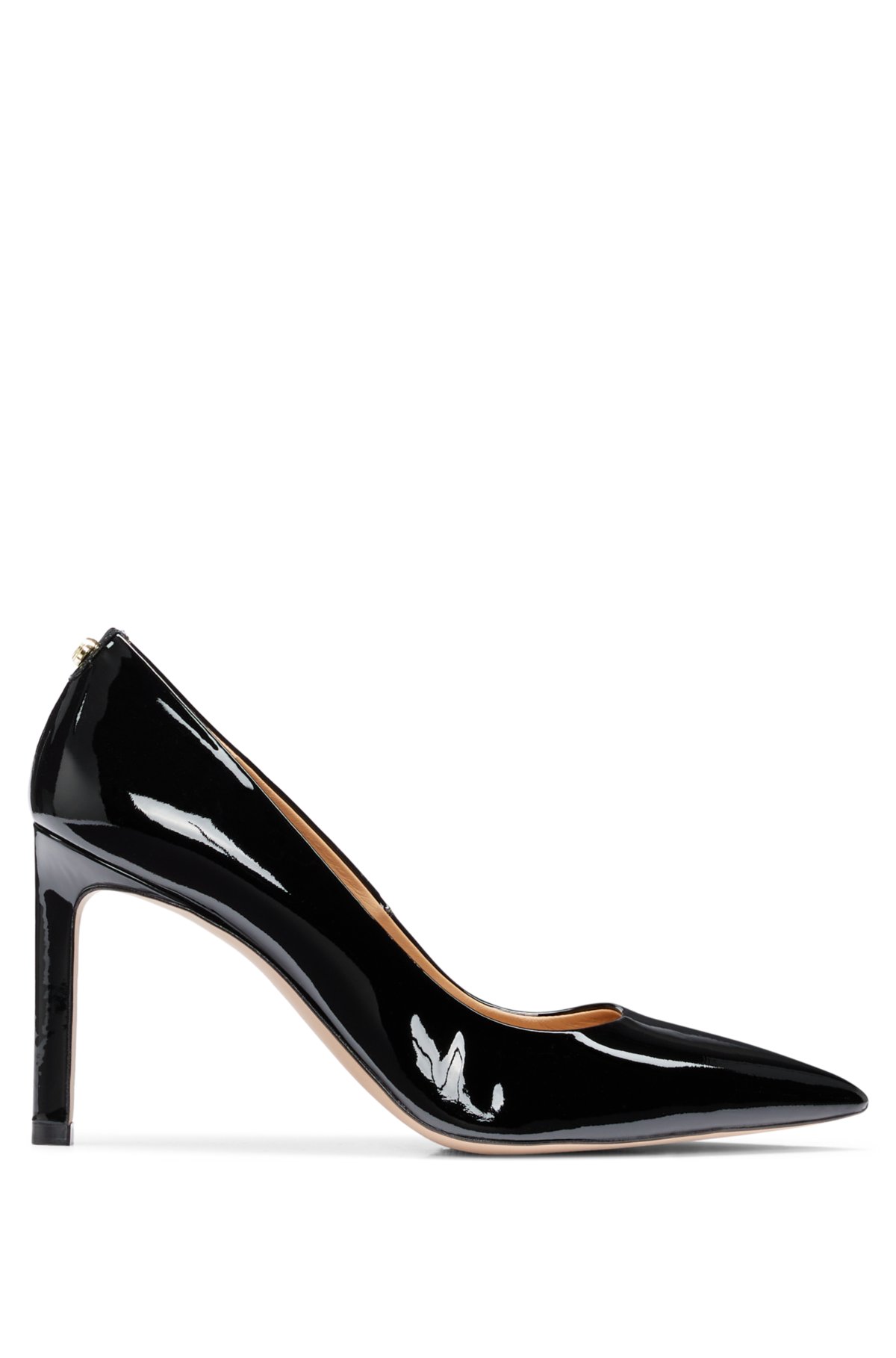 High-heeled pumps in patent leather with pointed toe, Black