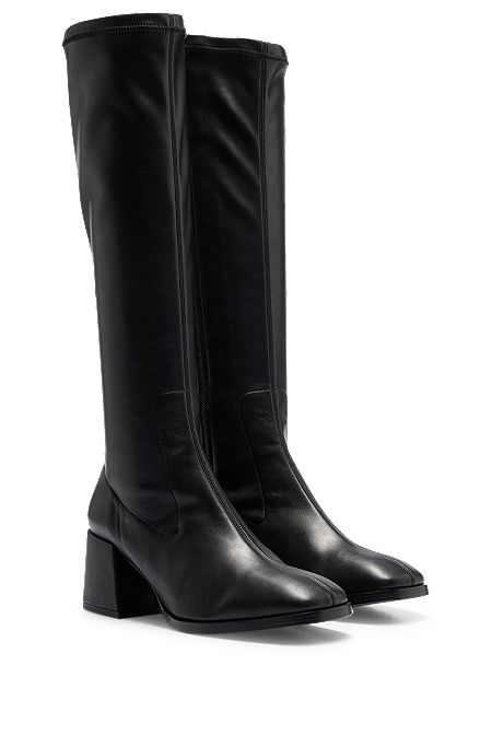 Block-heel knee-high boots in coated fabric, Black