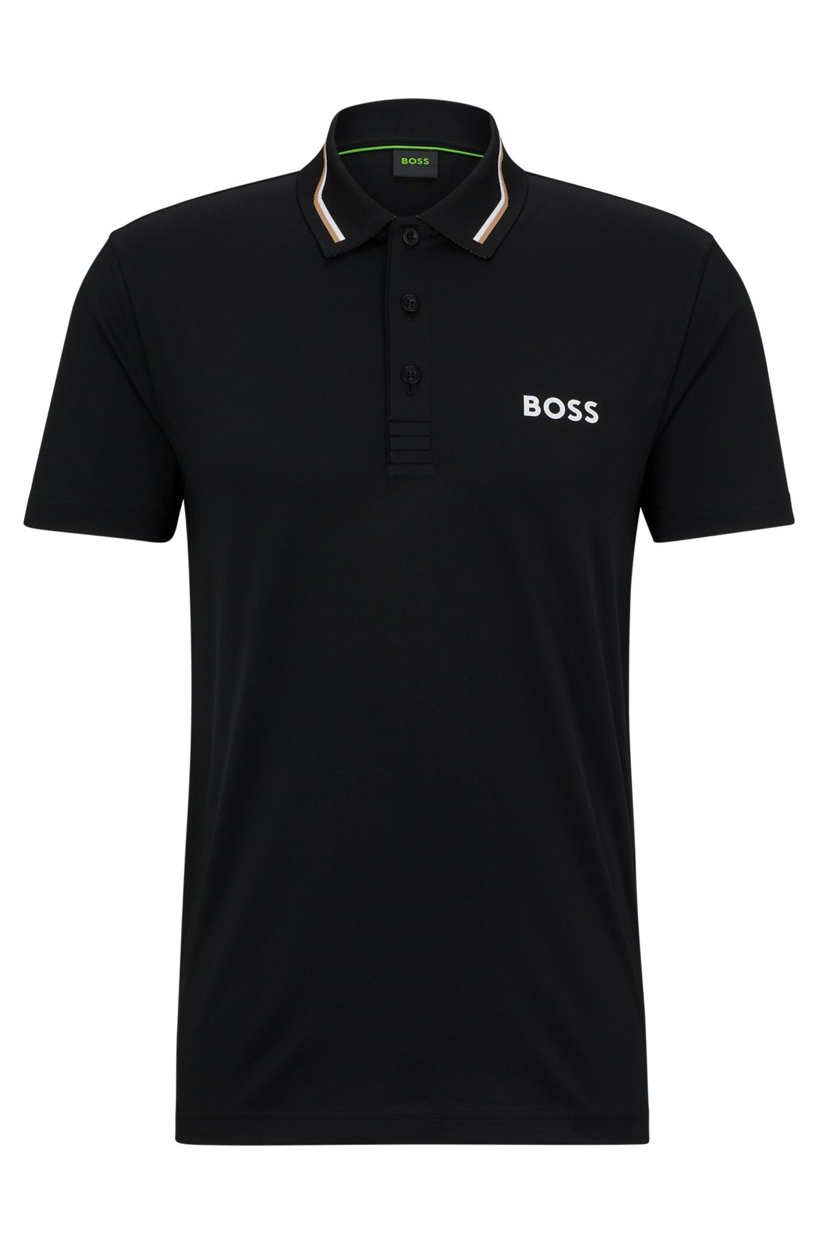 Poloshirt mit Kontrast-Logo und Streifen am Kragen, Schwarz