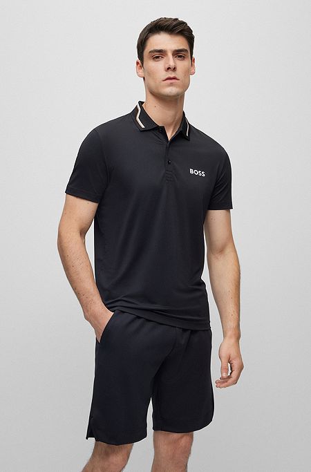 Contrast-logo polo shirt with collar stripe, Black