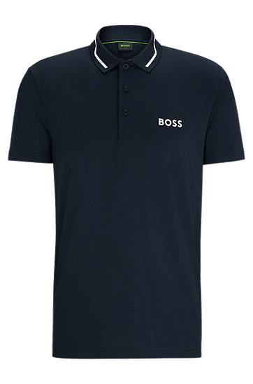 Hugo Boss Contrast-logo Polo Shirt With Collar Stripe In Blue