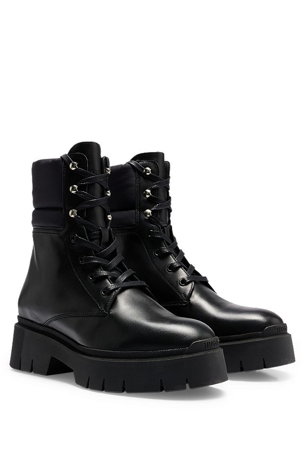 Mixed-material lace-up boots with leather details, Black