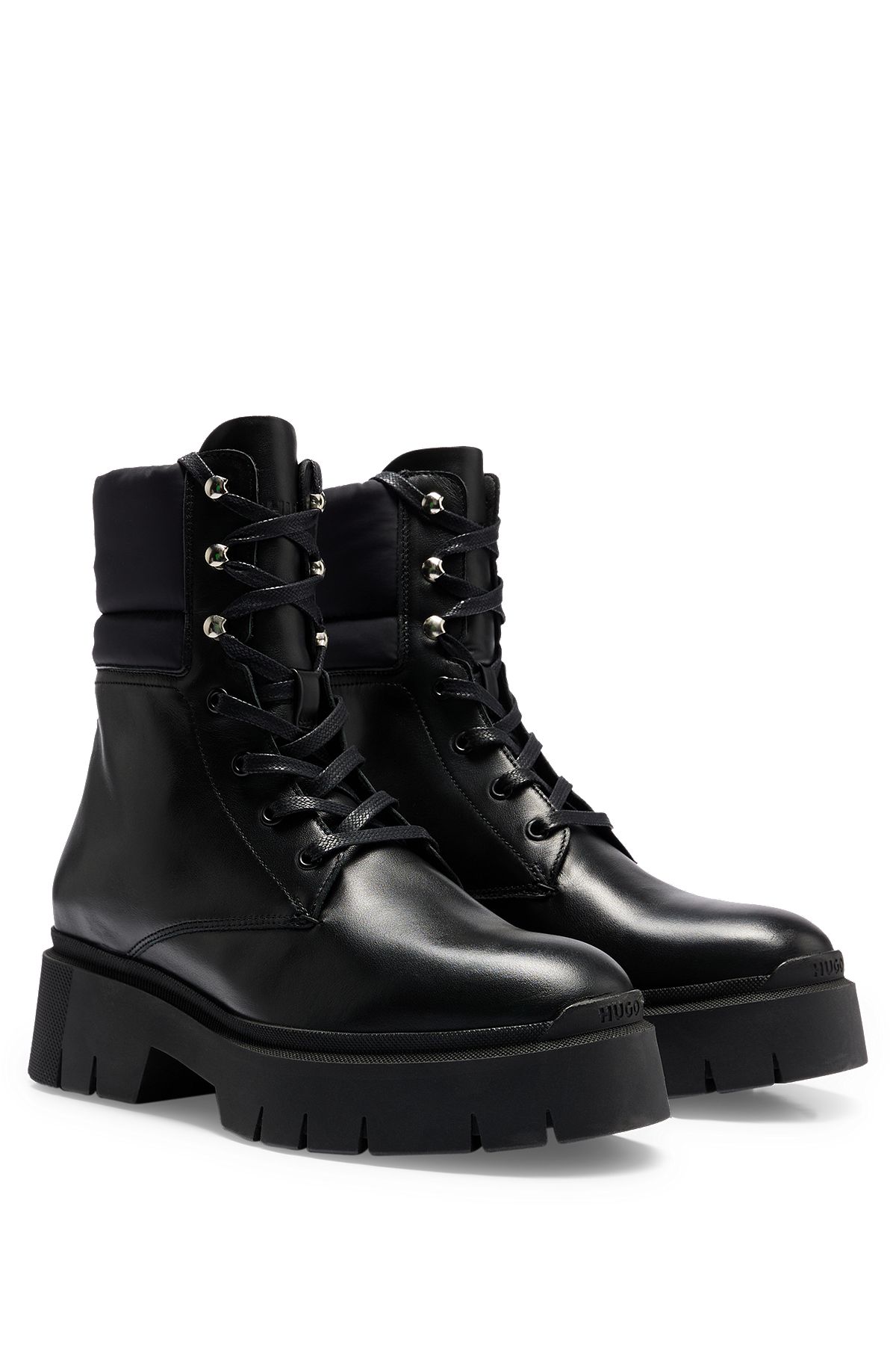 Mixed-material lace-up boots with leather details, Black