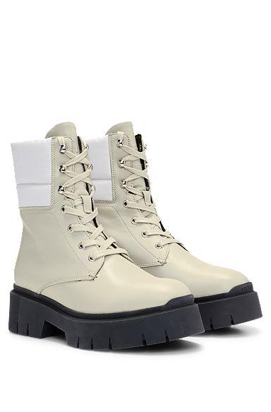 Mixed-material lace-up boots with leather details, White