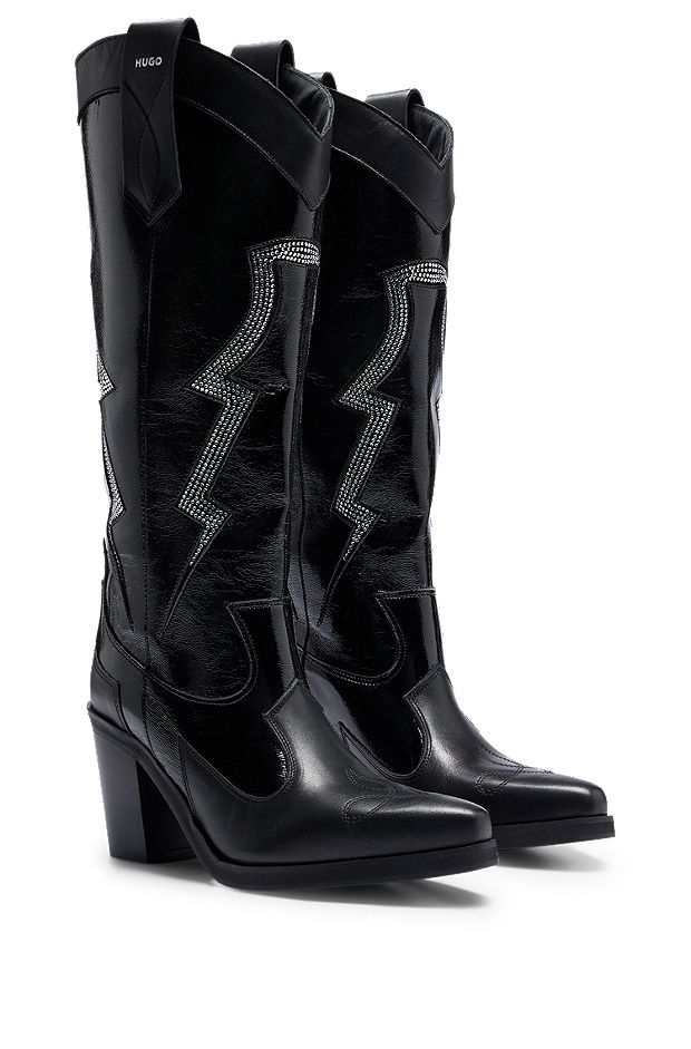 Cowboy boots in nappa leather with crystal detailing, Black