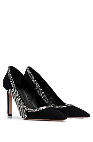 High-heeled pumps in suede with crystal-studded details, Black